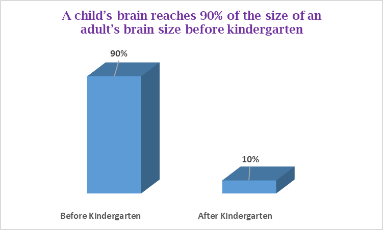 Childs brain reaches 90% of the size of an adult before kindergarten